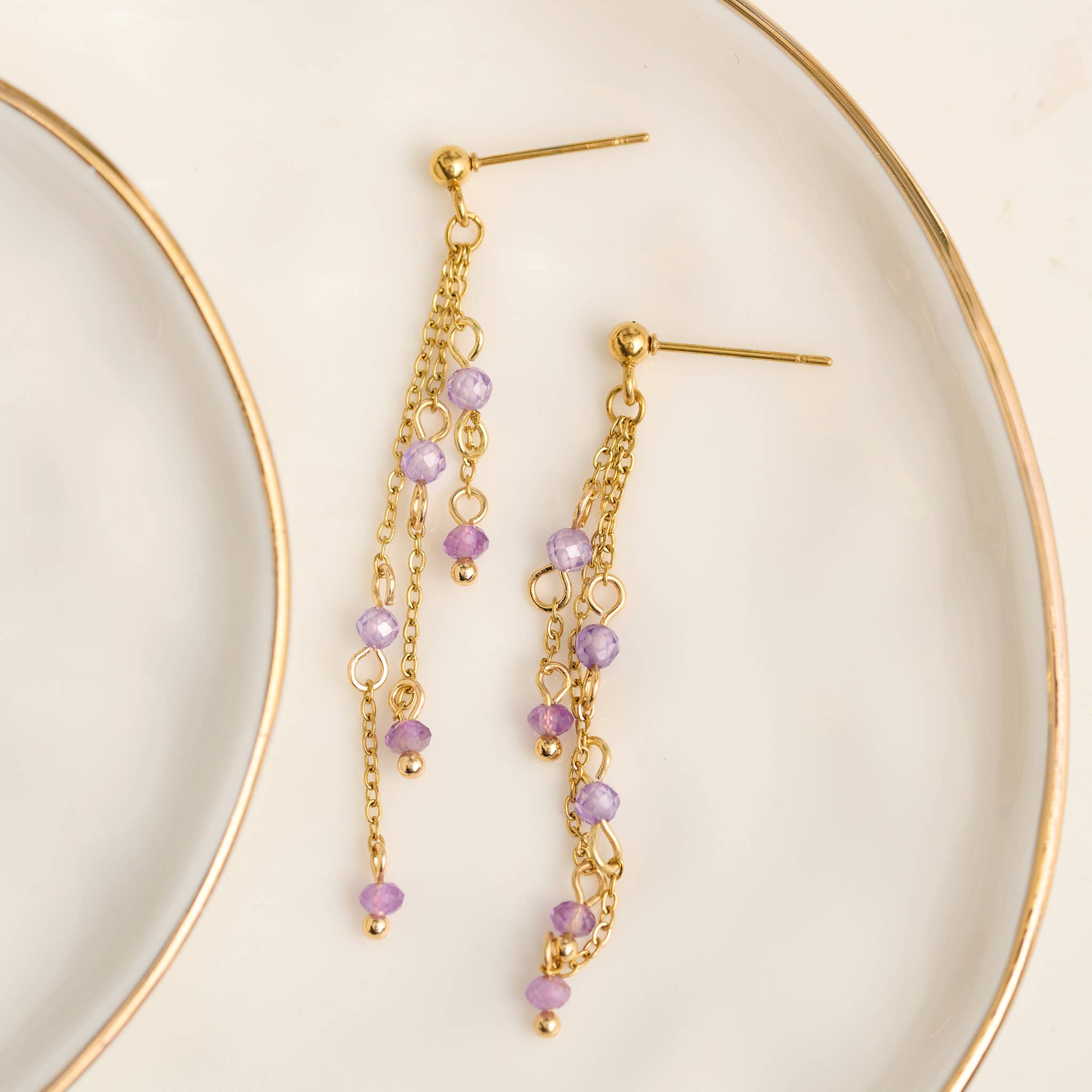 Waterproof Earrings Amethyst Drop Narelle Gold Beaded Chain
