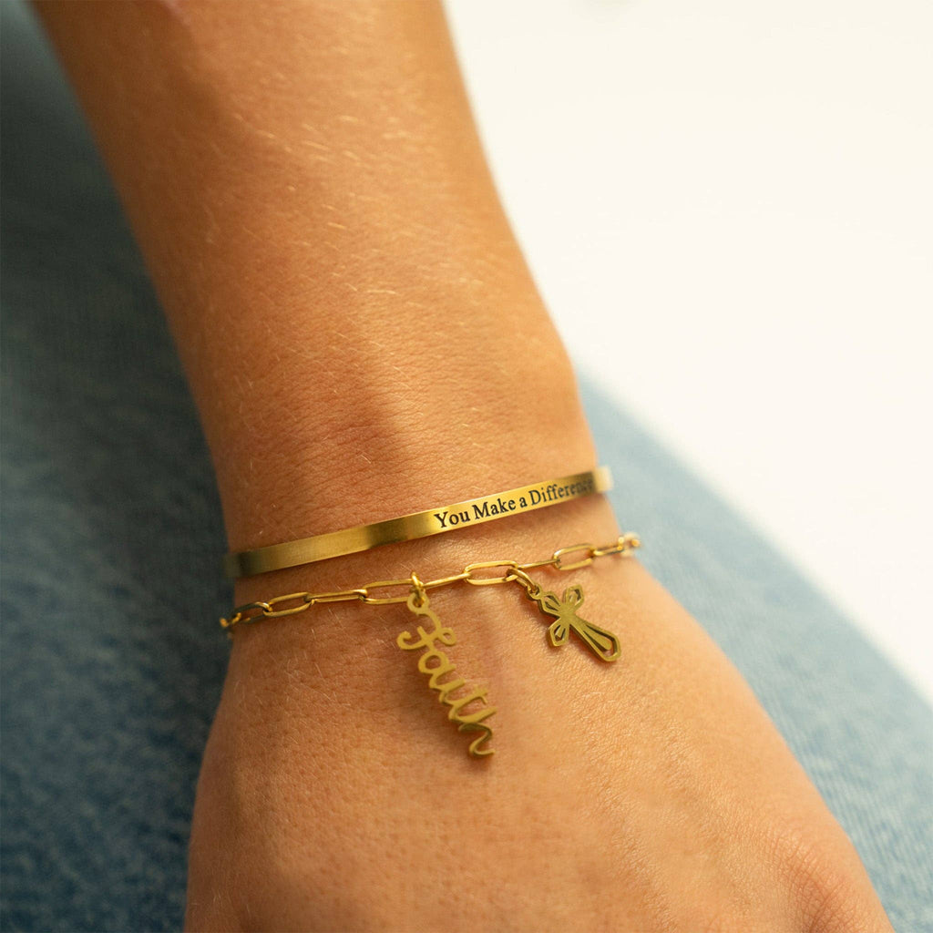 18K Gold PVD You Make a Difference Engraved Bangle Bracelet