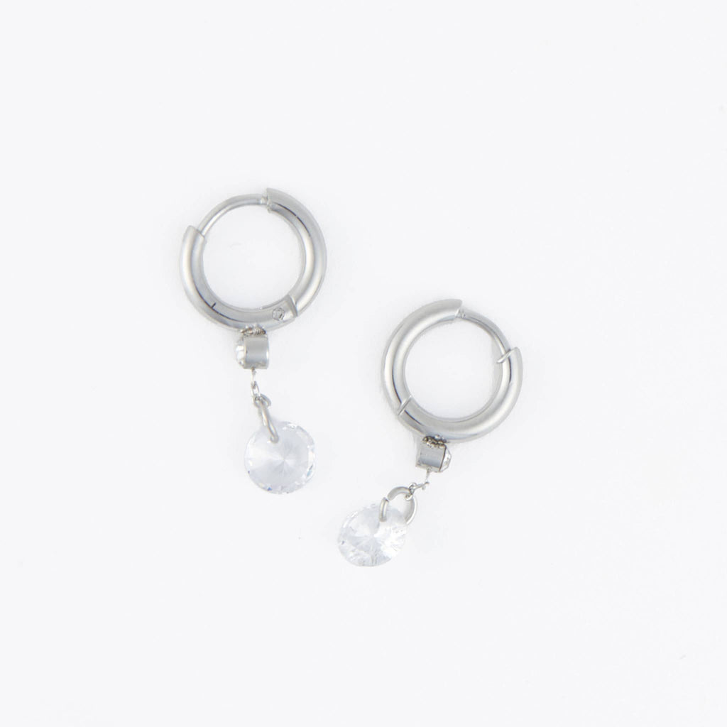 Waterproof Earrings Dangle CZ Charm Huggie in Gold & Steel