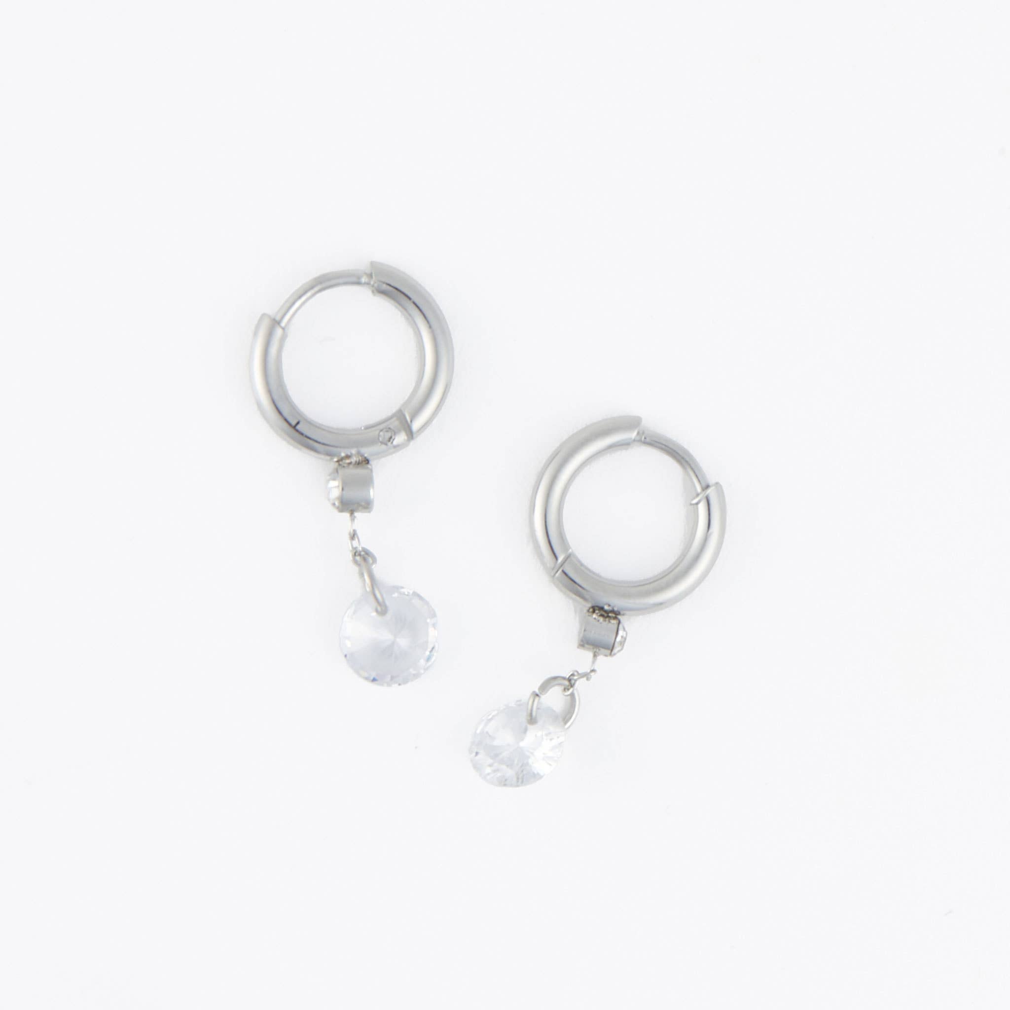 Waterproof Earrings Dangle CZ Charm Huggie in Gold & Steel