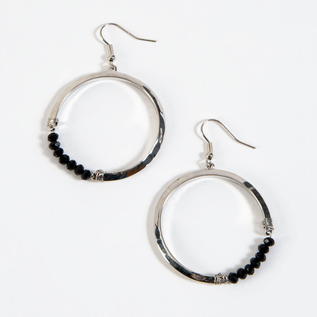 Haven Black Glass Beaded Silver Hoop Drop Earring