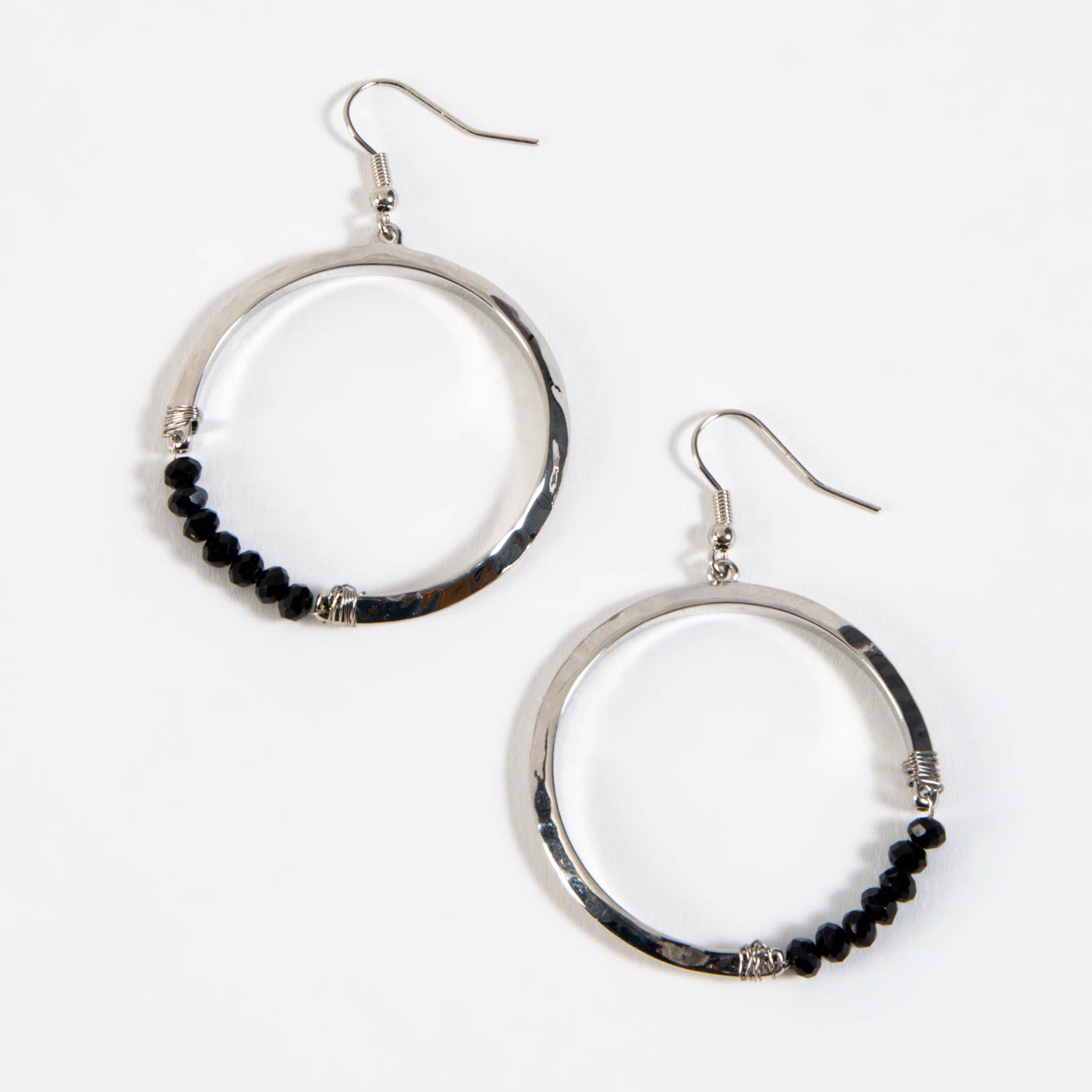 Haven Black Glass Beaded Silver Hoop Drop Earring