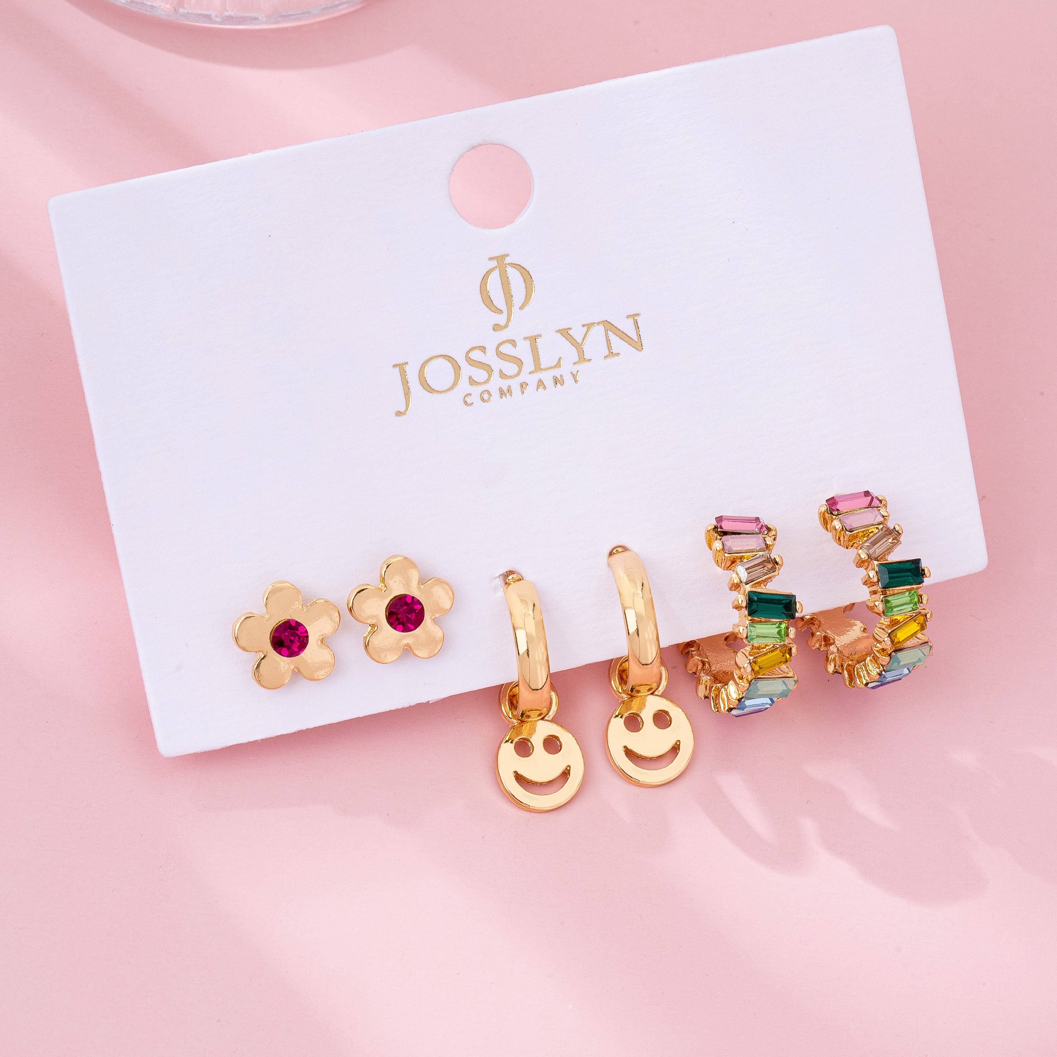 Rainbow Crystal, Smiley, and Floral Trio Earrings | 80E62109