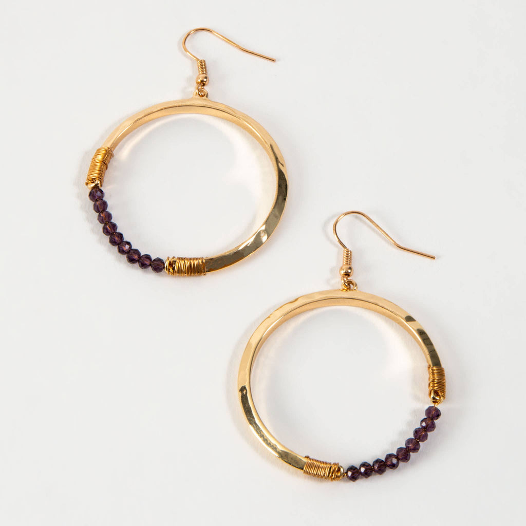 Haven Purple Glass Beaded Gold Hoop Drop Earring