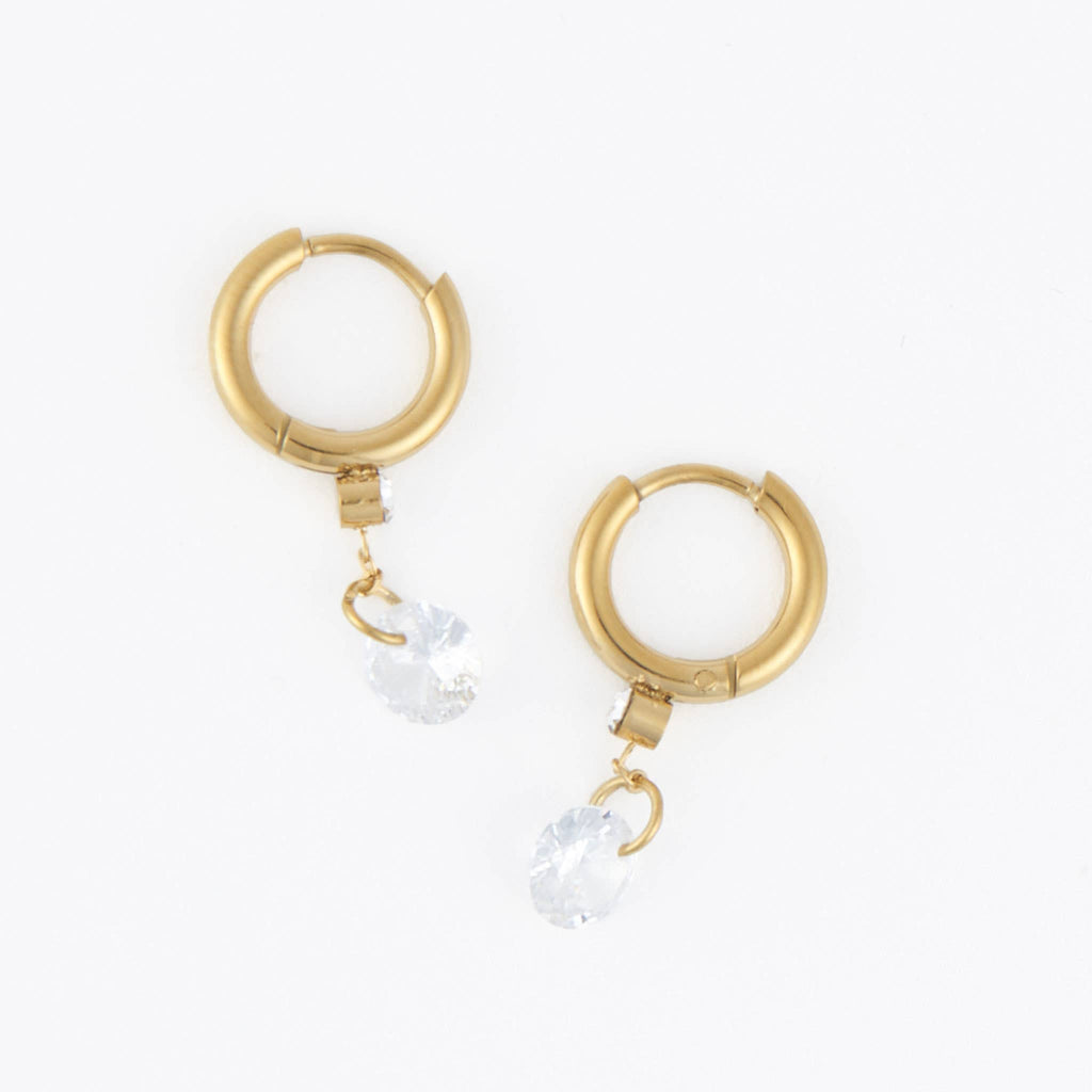 Waterproof Earrings Dangle CZ Charm Huggie in Gold & Steel