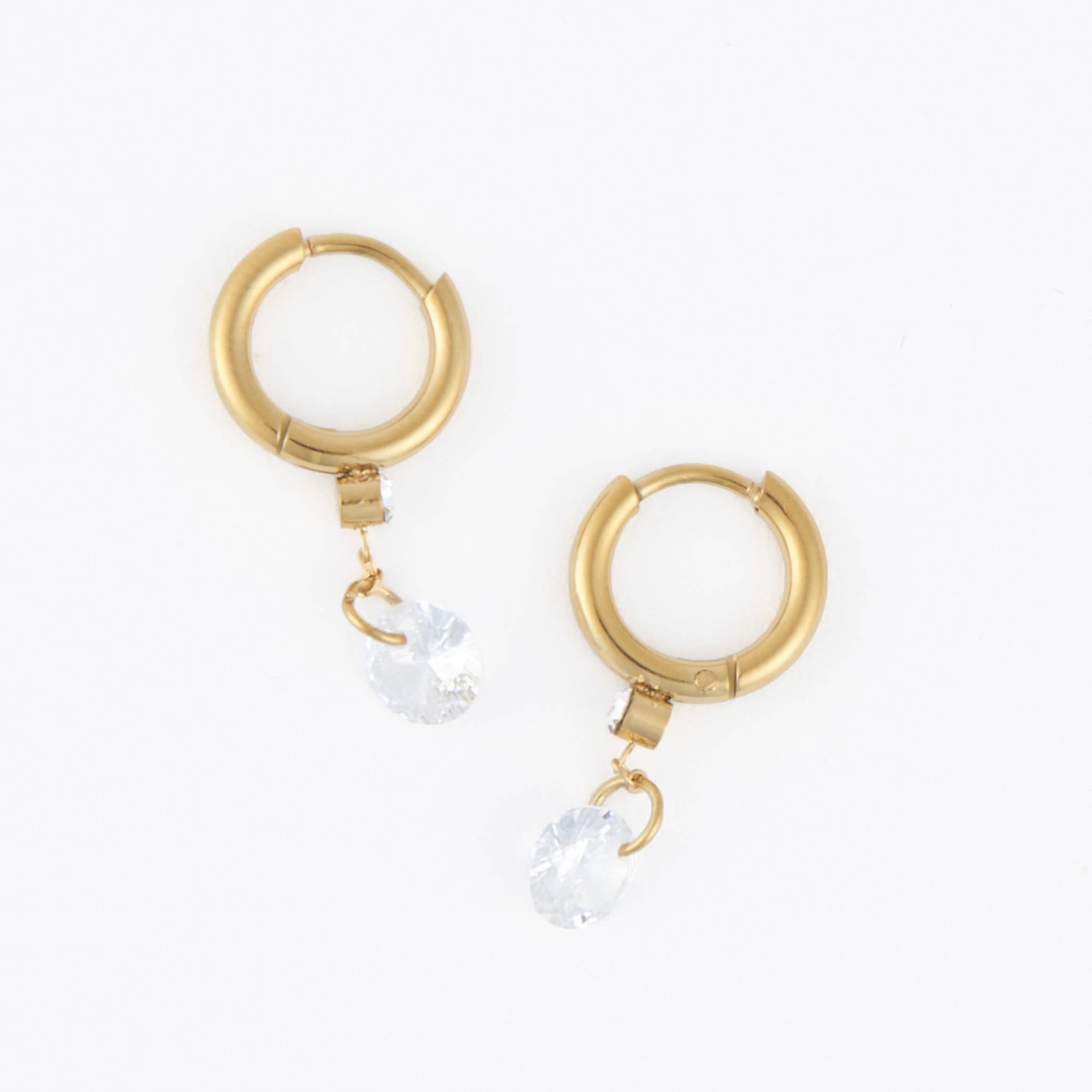 Waterproof Earrings Dangle CZ Charm Huggie in Gold & Steel