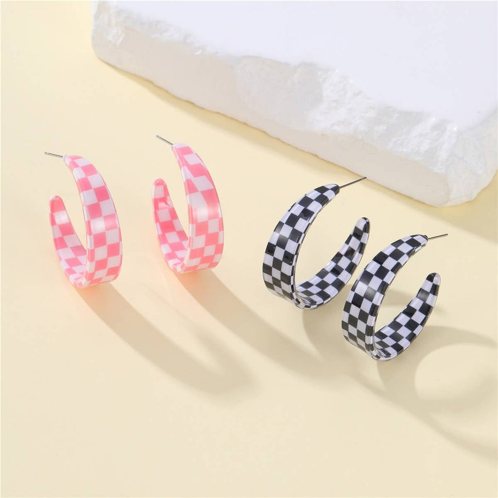 Retro Checkerboard Resin Hoop Earrings | 40E480