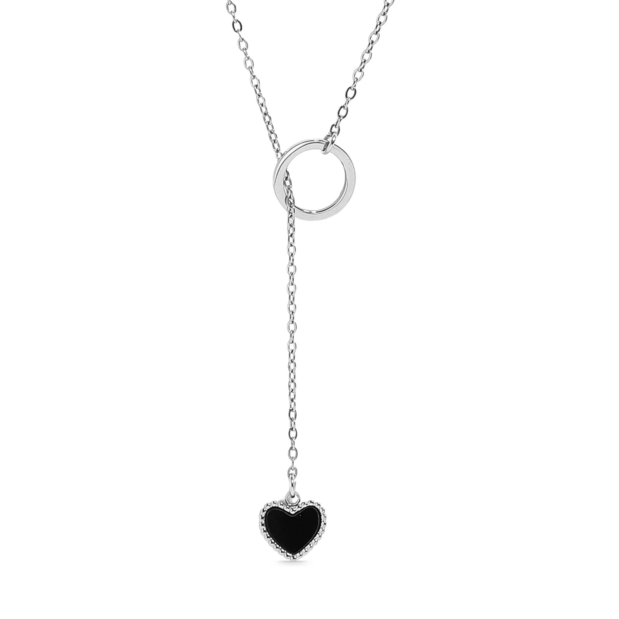 18K Gold PVD Stainless Steel Black Heart Lariat Necklace