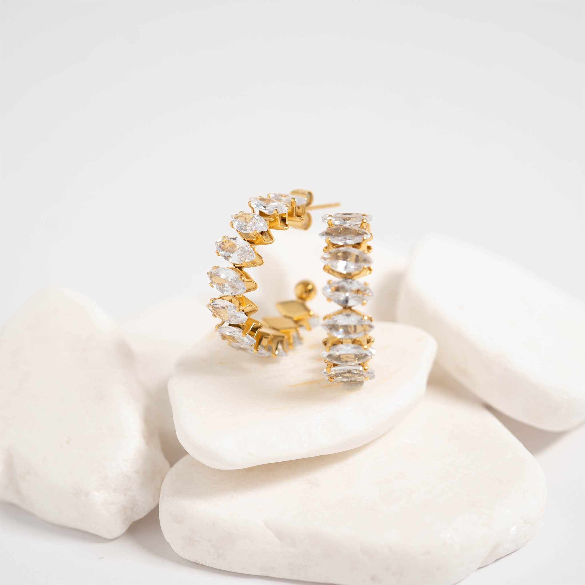 18K Gold PVD Stainless Steel Marquis CZ Stone Hoop Earrings