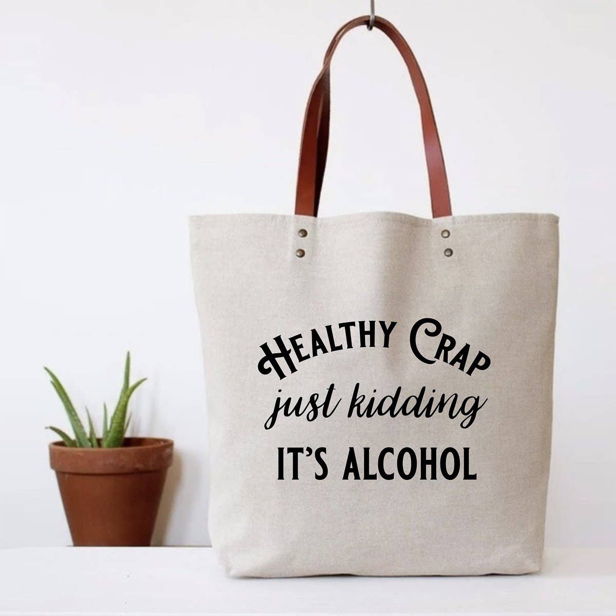 Healthy Crap Tote Bag (wine grocery, alcohol canvas, leather, mothers day)