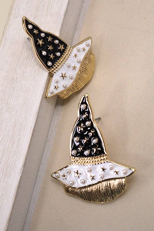 HALLOWEEN WITCH HAT PEARL STAR EPOXY EARRING | 31E24553