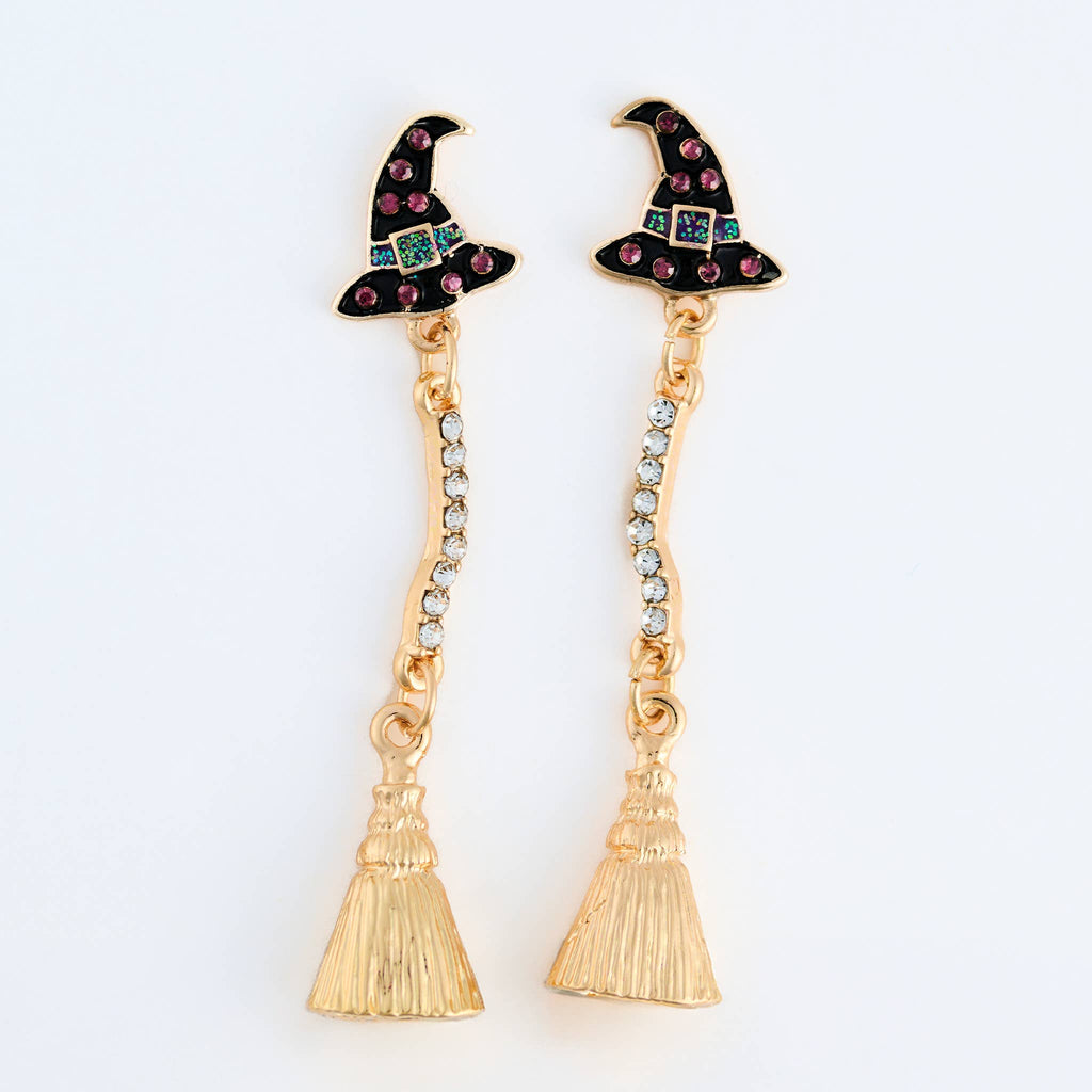 Halloween Earrings Witch Hat Broom Drop Statement