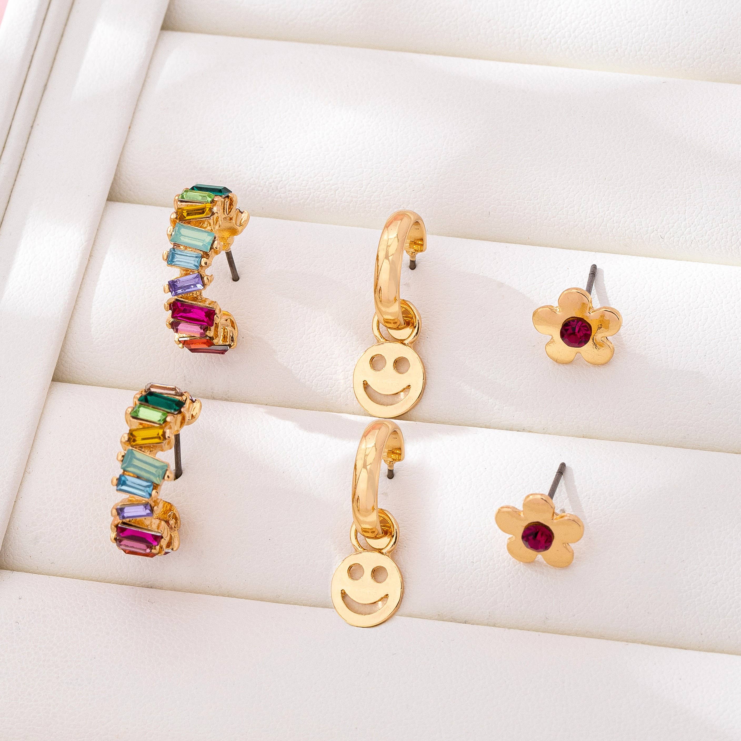 Rainbow Crystal, Smiley, and Floral Trio Earrings | 80E62109