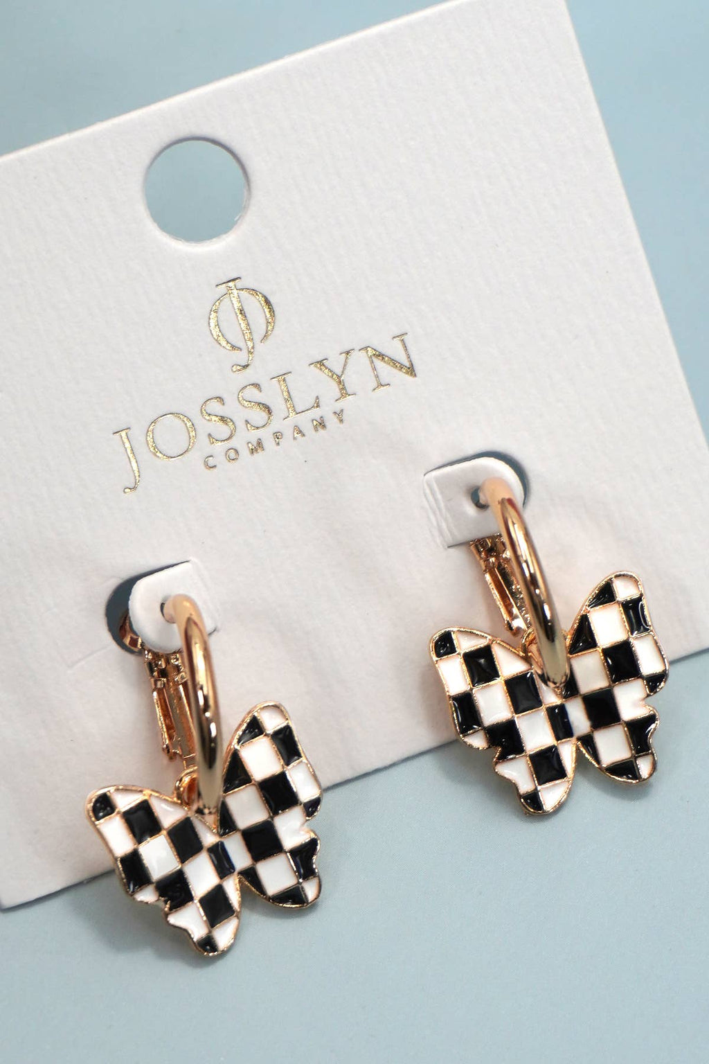 CHECKER BUTTERFLY HUGGIE HOOP DROP EARRINGS | 80E61128