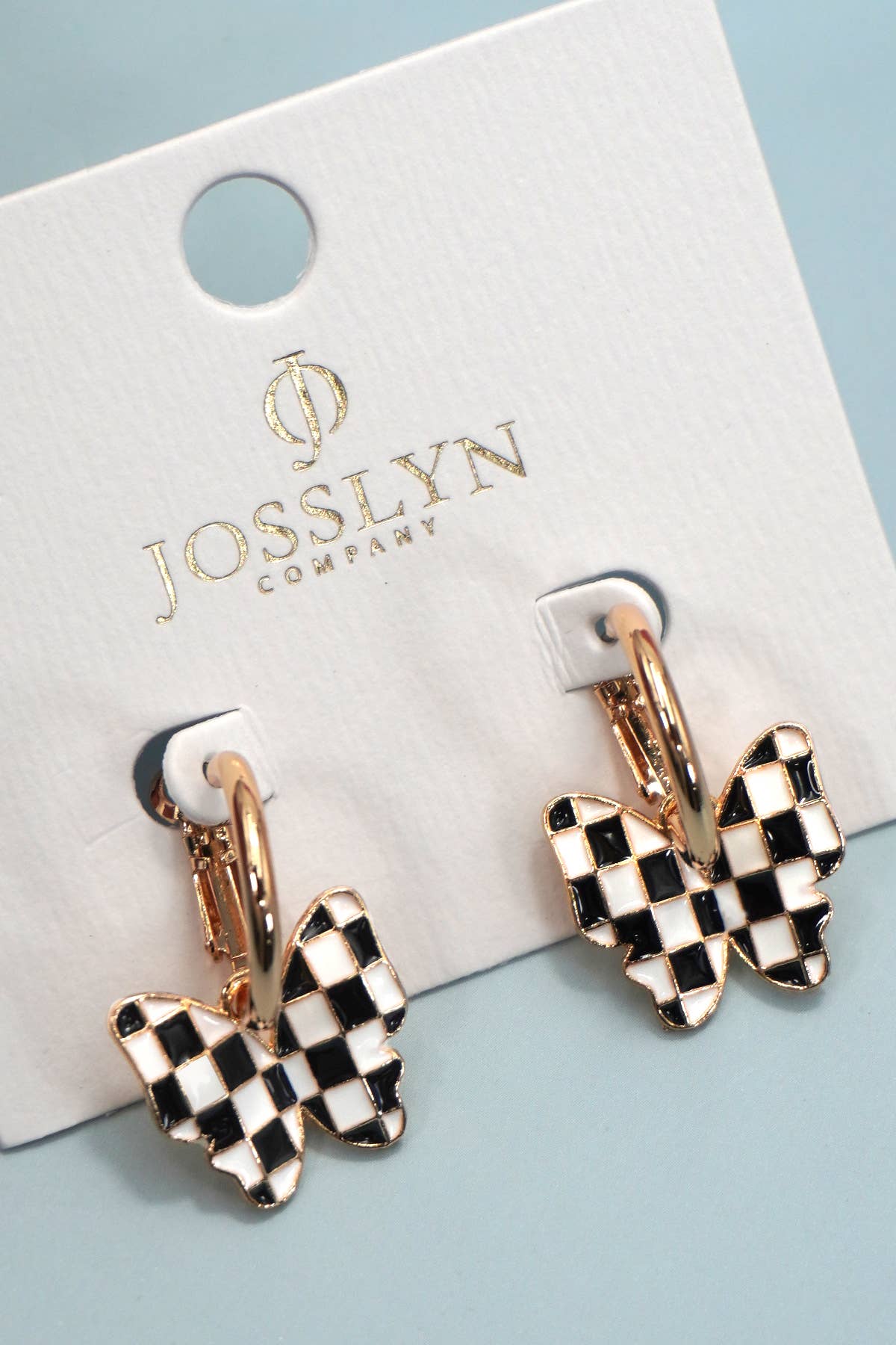 CHECKER BUTTERFLY HUGGIE HOOP DROP EARRINGS | 80E61128