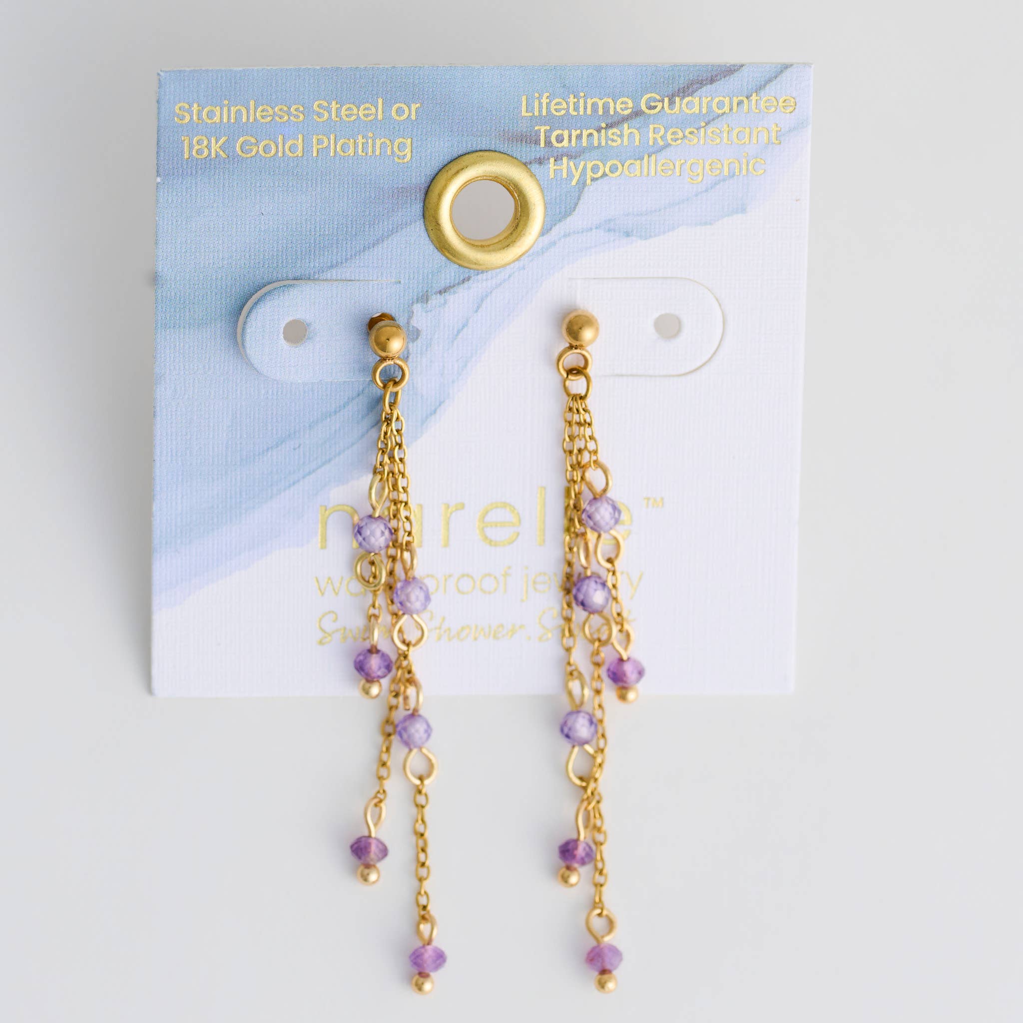 Waterproof Earrings Amethyst Drop Narelle Gold Beaded Chain
