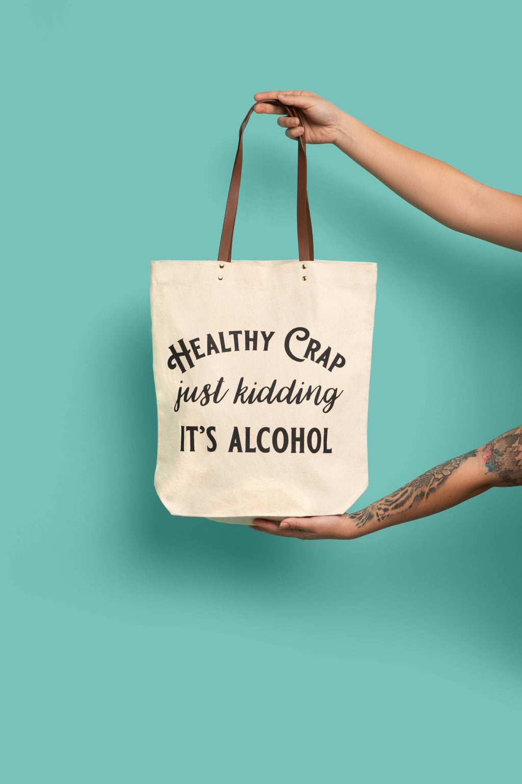 Healthy Crap Tote Bag (wine grocery, alcohol canvas, leather, mothers day)