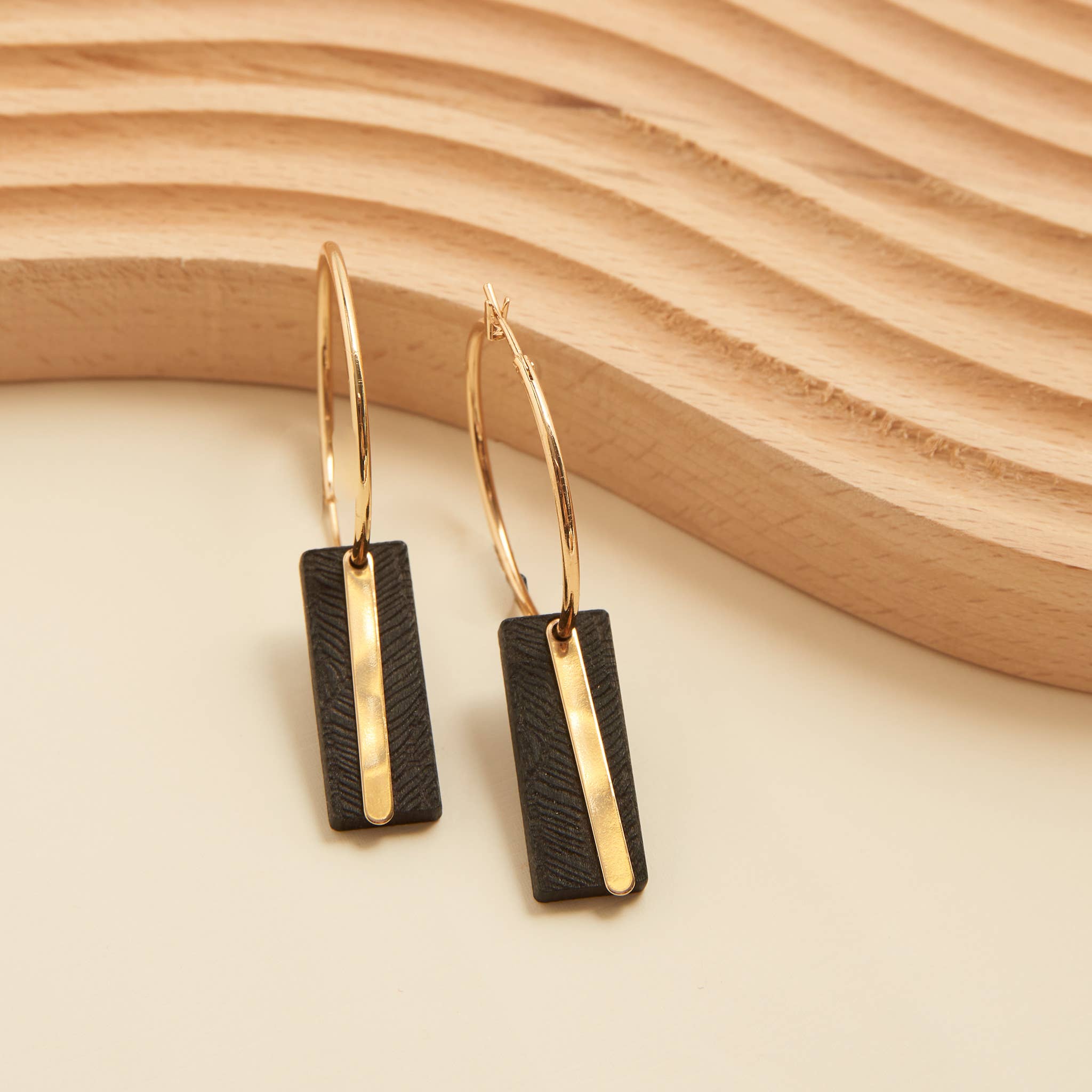 Jolie Wooden Bar Gold Hoop Earrings