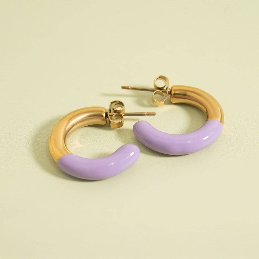 18K Gold PVD Stainless Steel Purple Epoxy Huggie Earrings