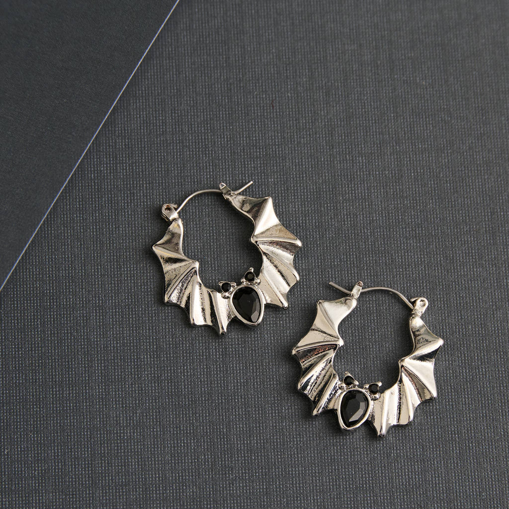 Halloween Earrings Silver Bat Hoop Spooky Statement